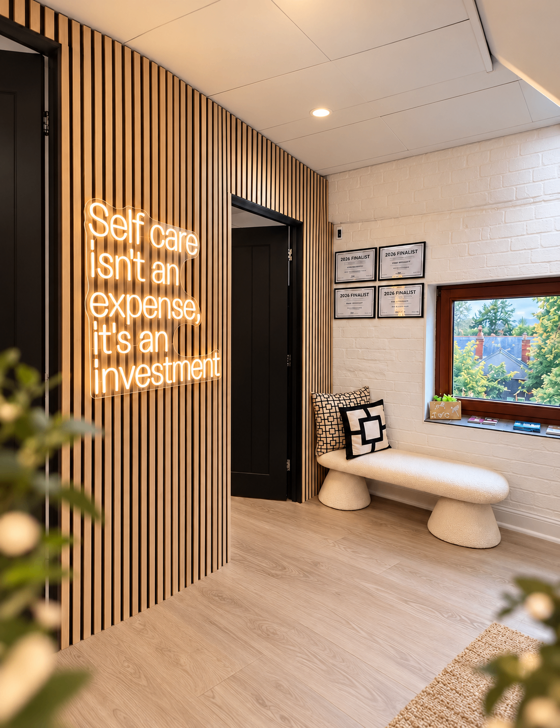 Inside Tone & Glow: timber wall panels, a self-care sign and a bench beside the window